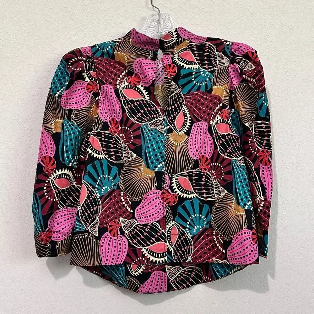 NWT Farm Rio Mock Neck Shell Print Blouse Sz M Boho Coastal Beachy Tribal Batik